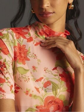 Anthropologie Short Sleeve Floral Pink & Coral High Neck Mesh Top
